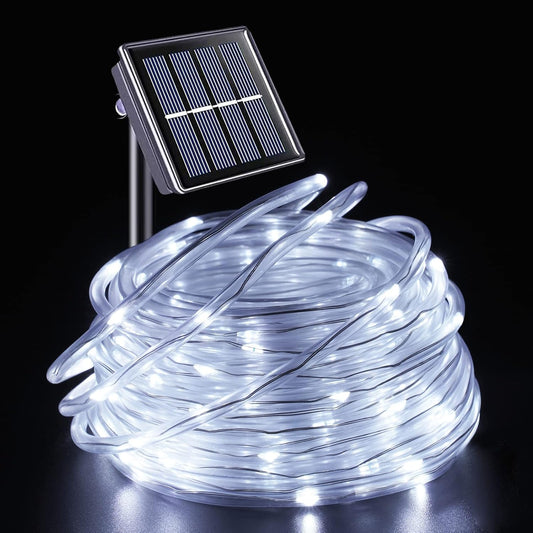YEGUO Solar Rope Lights - 66ft Waterproof 200 LED White Fairy Lights | 8 Modes in Clear Tube
