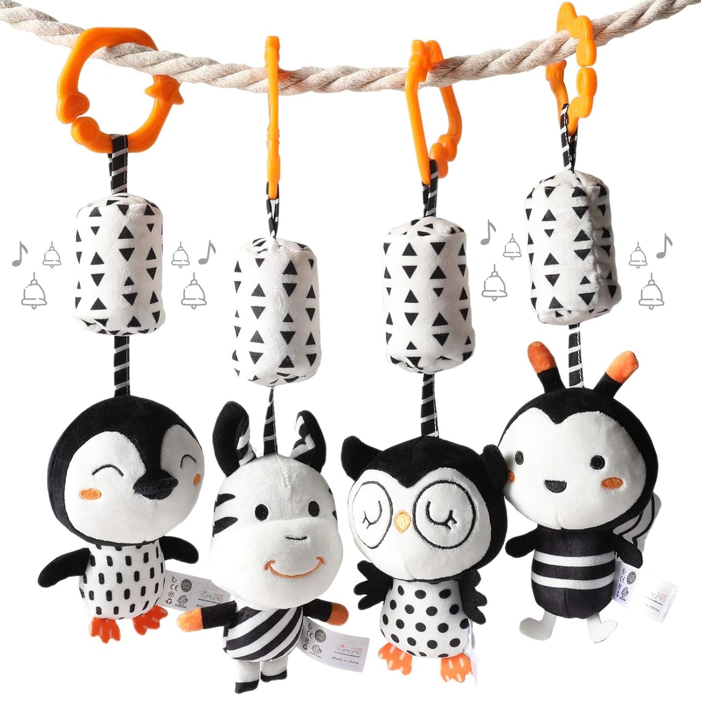 TUMAMA Plush Hanging Rattles - Black and White Baby Toys for Newborns | 4 Pack for Stroller Fun