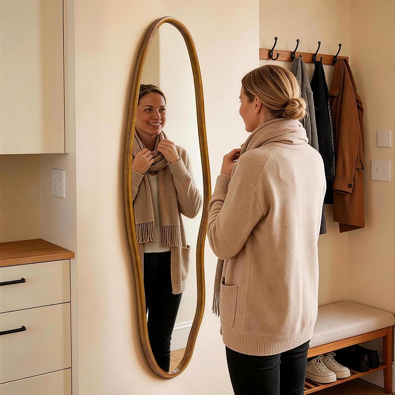 Irregular Full Length Mirror 63x18 in with Solid Wood Frame - Asymmetrical Wall Mirror