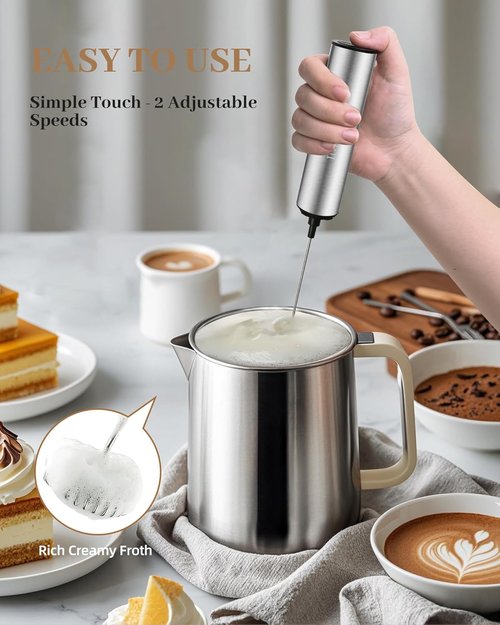 INFOOD Rechargeable Milk Frother - Handheld Coffee Mixer with 2 Detachable Stainless Whisks, Silver