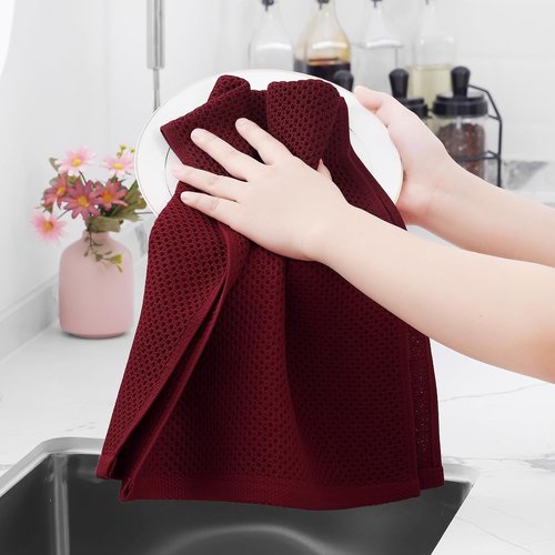 Homaxy Kitchen Dish Towels - Ultra Soft 100% Cotton Waffle Weave, Quick Drying, 13 x 28 Inches, 12-Pack, Burgundy