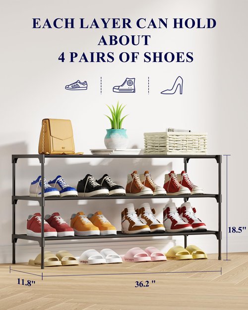 Kitsure Shoe Rack - Non-Woven Shoe Rack Shelf, Shoe Organizer for Closet, Entryway, Garage & Corridor, Stackable Shoe Shelves, 36.2" Wide - 3 Tier, Black