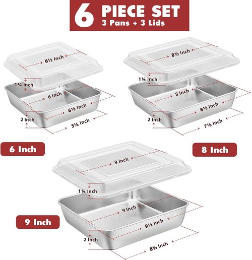 E-far Square Cake Pan Set - 6/8/9-Inch Stainless Steel Bakeware with Lids | Non-Toxic & Dishwasher Safe - 6 Pieces