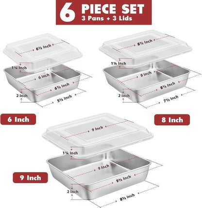 E-far Square Cake Pan Set - 6/8/9-Inch Stainless Steel Bakeware with Lids | Non-Toxic & Dishwasher Safe - 6 Pieces