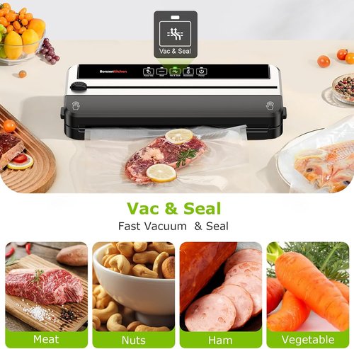 Bonsenkitchen Vacuum Sealer Machine - Multifunctional Food Sealer with Built-in Cutter | Silver-Black, 5 Pre-Cut Bags
