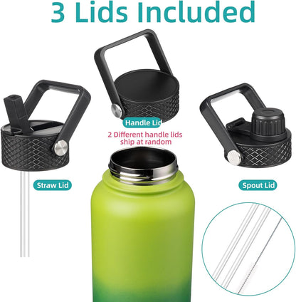 Skiennix 32 Oz Insulated Stainless Steel Water Bottle - Durable Sport Bottle with 3 Lids | Bamboo Grove