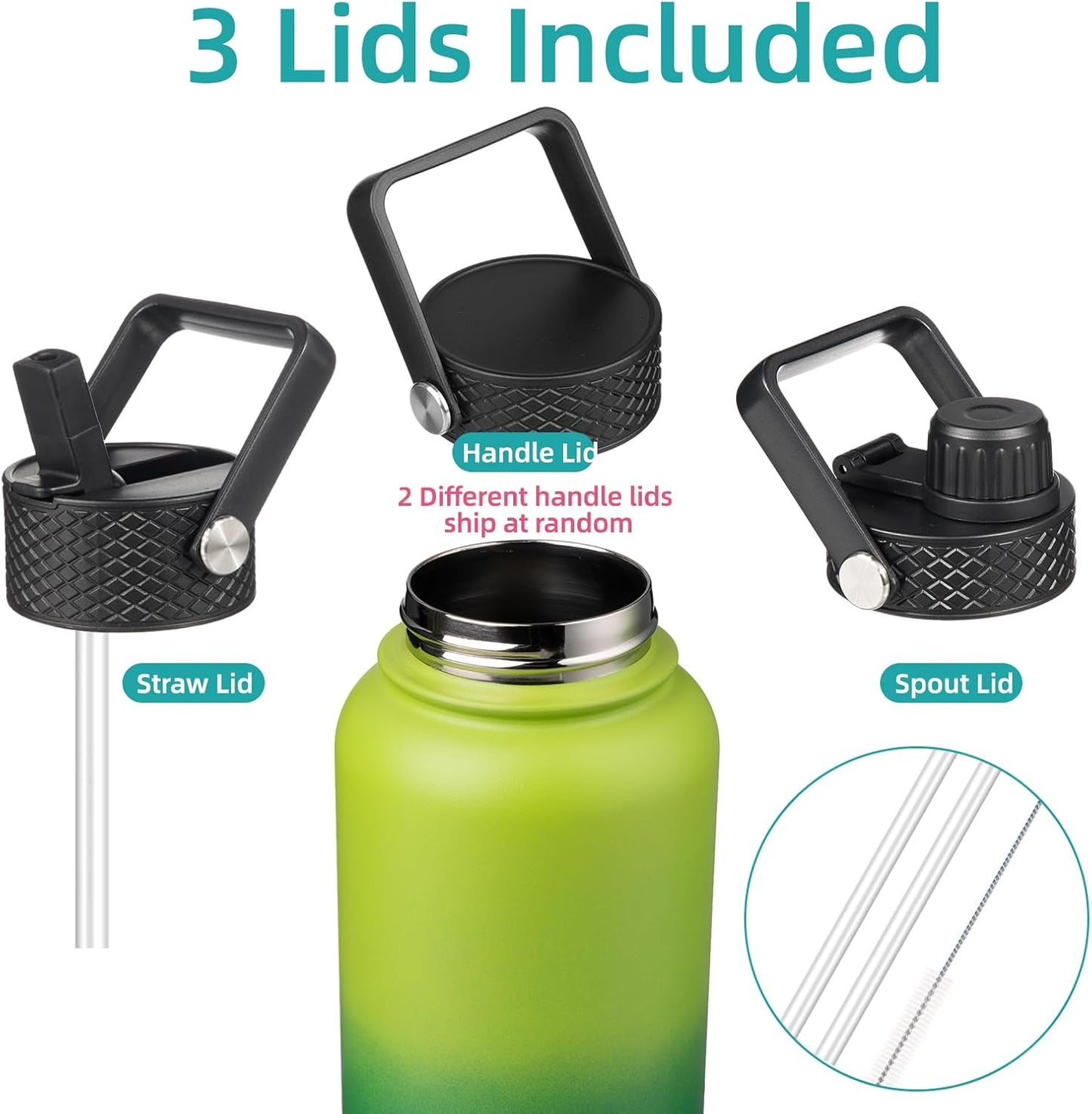 Skiennix 40oz Insulated Stainless Steel Water Bottle - 3 Lids Included | Bamboo Grove Design