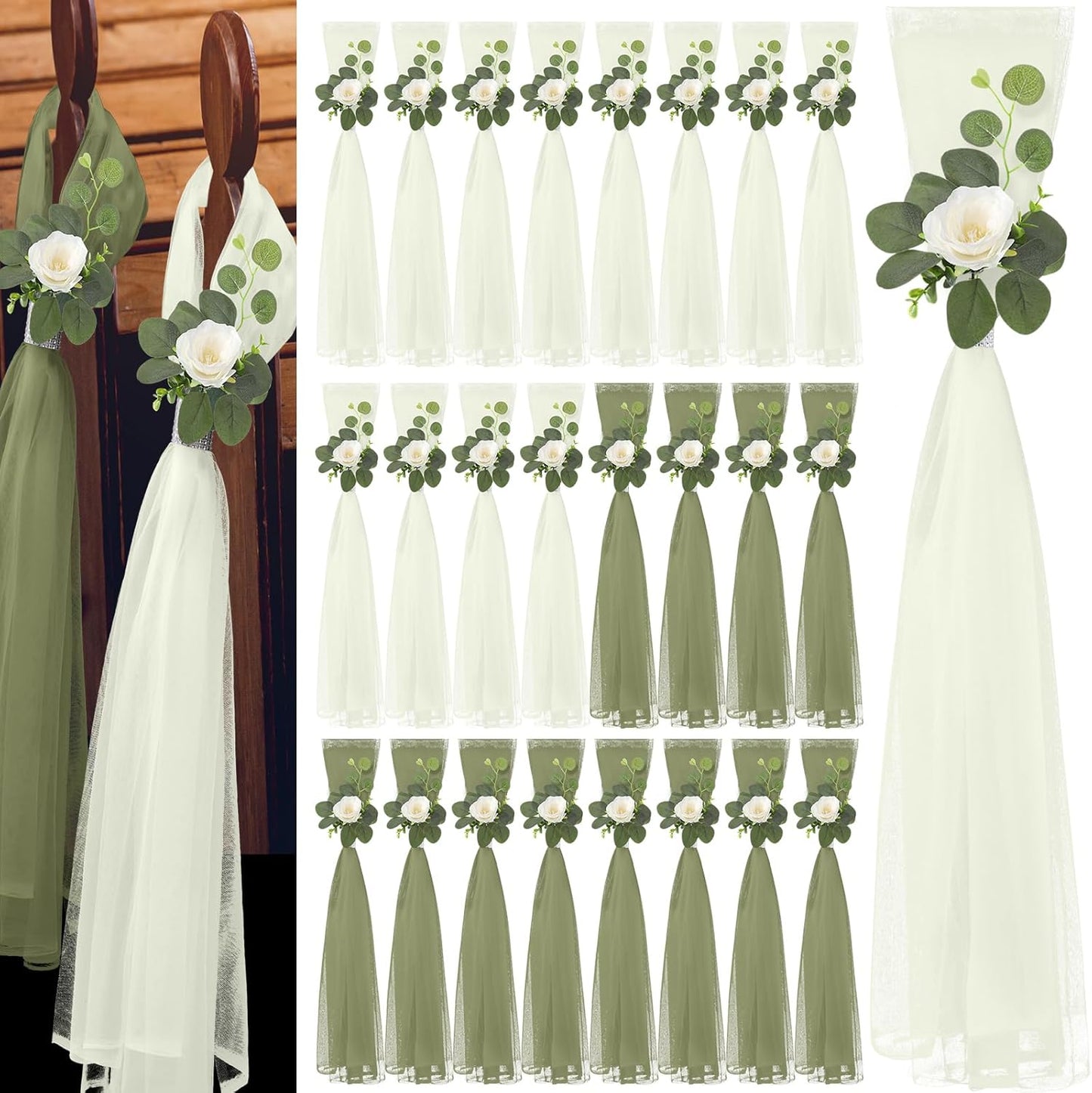 Skiennix 24-Piece Large Wedding Aisle Decorations - 31.5-Inch Hydrangea & Gardenia Flowers with Tulle Tails | Elegant Church Pew Decor for Bridal Showers & Receptions (Green)