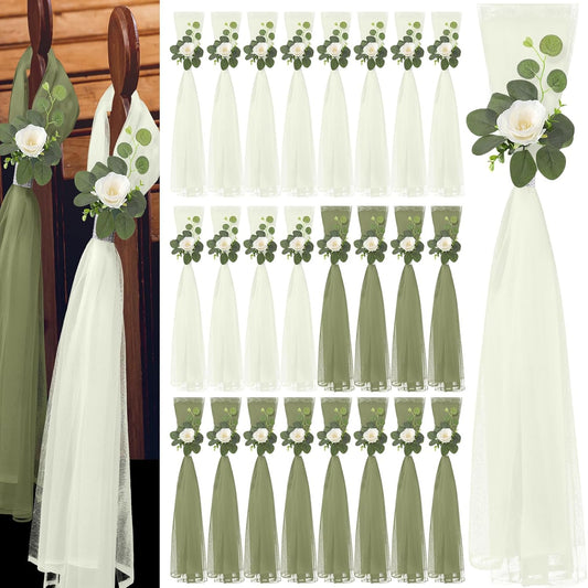 Skiennix 24-Piece Large Wedding Aisle Decorations - 31.5-Inch Hydrangea & Gardenia Flowers with Tulle Tails | Elegant Church Pew Decor for Bridal Showers & Receptions (Green)