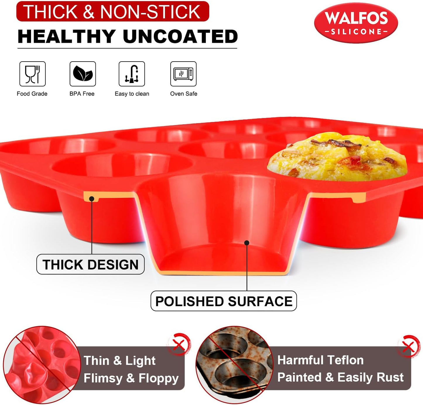 Walfos Silicone Muffin Pan - Non-Stick 12-Cup Silicone Bakeware | BPA Free & Dishwasher Safe