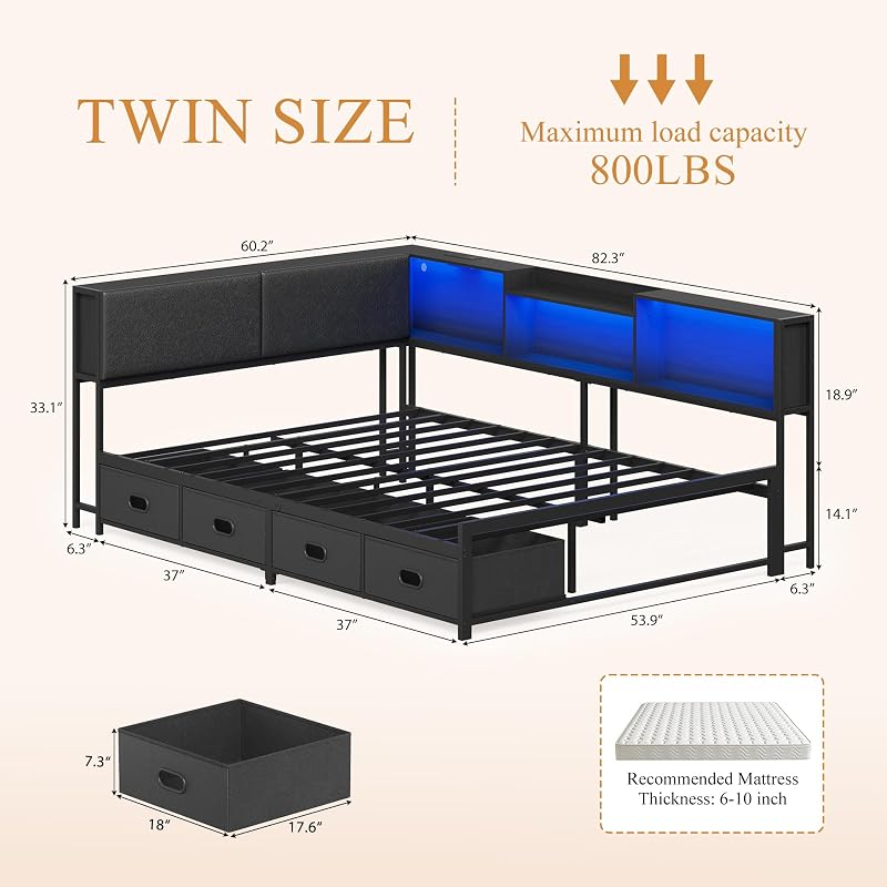 Full Corner Bed Frame with 4 Storage Drawers, Hidden Headboard, USB Charging & LED Lights – Matte Black