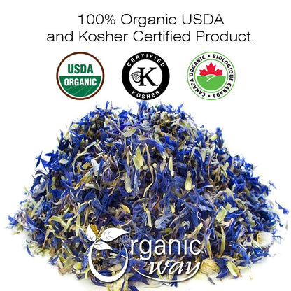 Organic Way Premium Cornflower Petals Blue | Herbal Tea (Centaurea cyanus) - European Wild-Harvest | Organic & Kosher Certified | Vegan, Non GMO & Gluten Free | USDA Certified | Origin - Albania (2Oz)