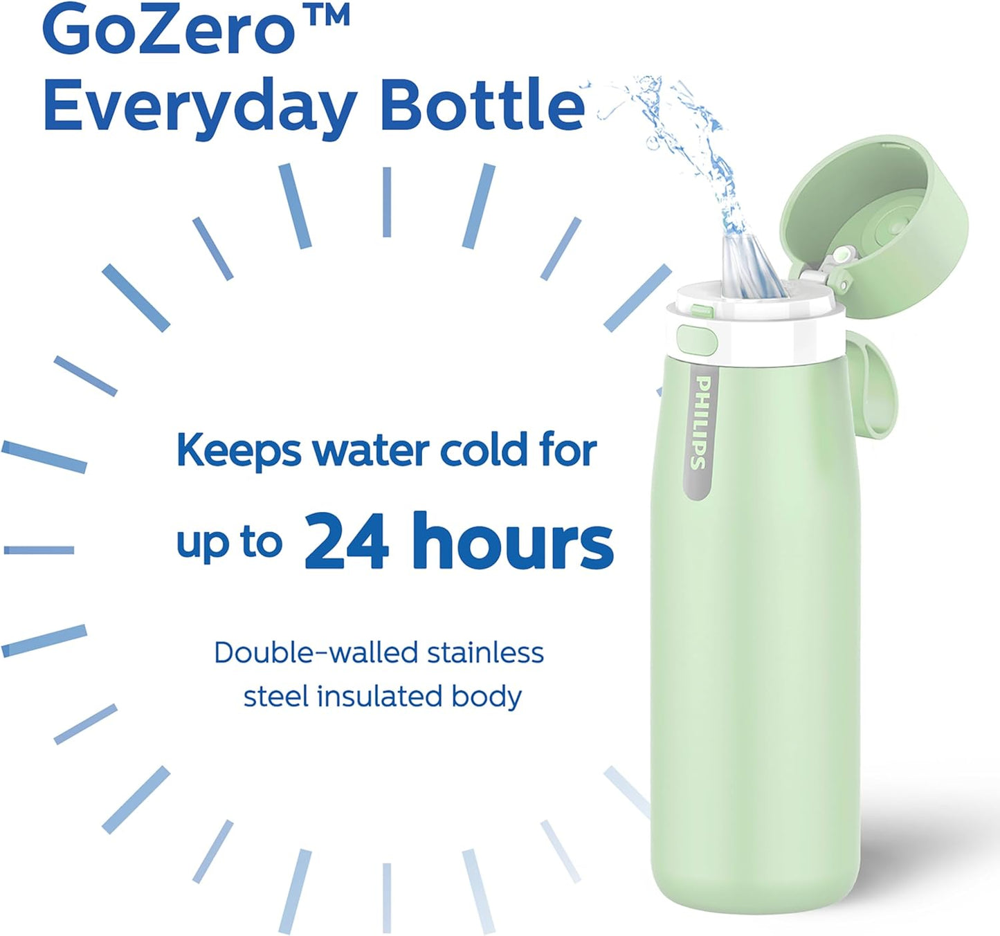 PHILIPS Water Bottle - Stainless Steel Filtered Design | Keeps Drinks Cold for 24 Hours, 1 Filter for 40 Gal