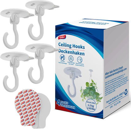 TAILI Heavy-Duty Adhesive Ceiling Hooks - No-Drill Removable Wall Hooks for Plants & Lights | 4 Pack White