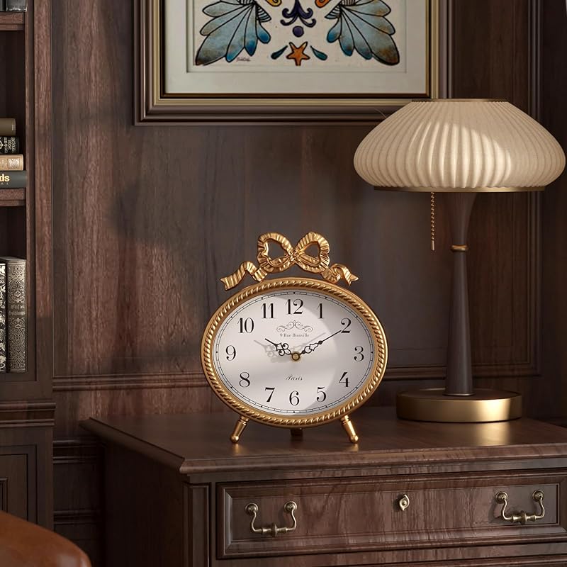 Vintage Table Clock with Bow - Gold Boho French Style, 9.45" H x 8.3" W, 2.16" D (Variation: Gold)