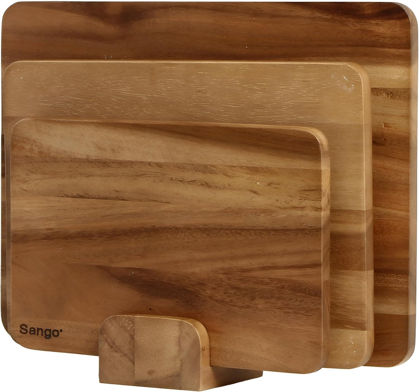 Sango Acacia Cutting Board Set - 3-Piece Wood Chopping Boards with Juice Grooves & Stand | Non-Toxic & Reversible