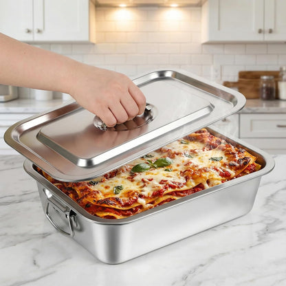Skiennix 4 Inch Extra Deep Lasagna Pan - Stainless Steel Baking Dish with Lid & Handles | 14x10.6 Inch
