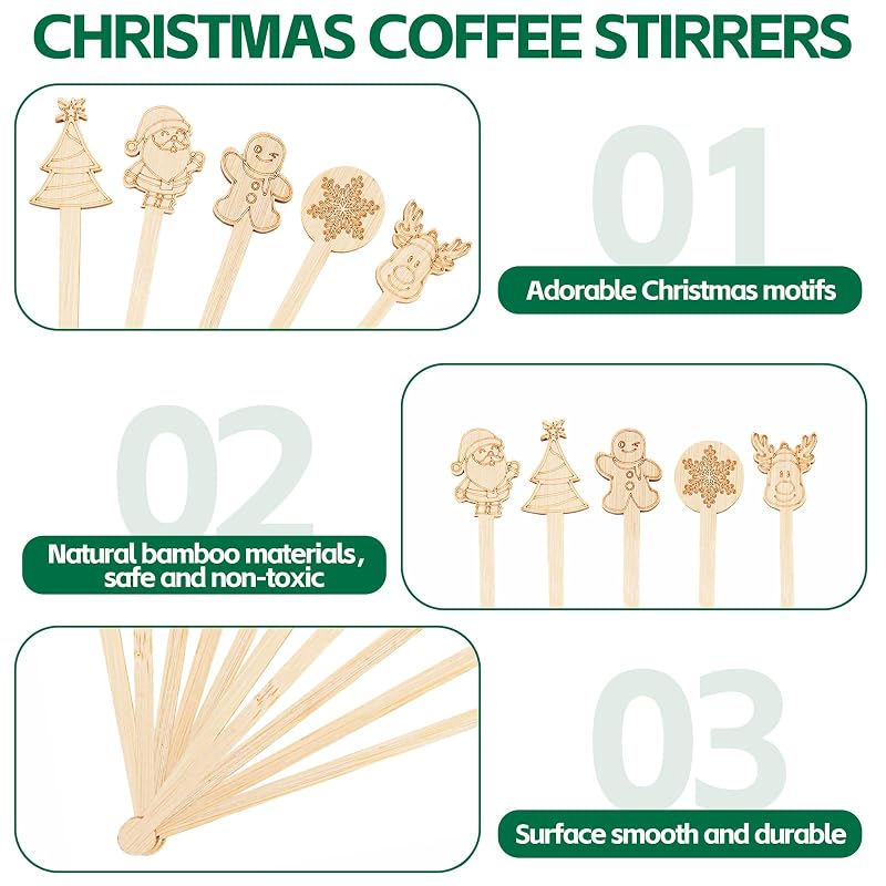 Christmas Bamboo Coffee Stir Sticks 50pc Pack - 7in Stirrers with Santa/Tree Designs (Variation: Christmas+50PCS)