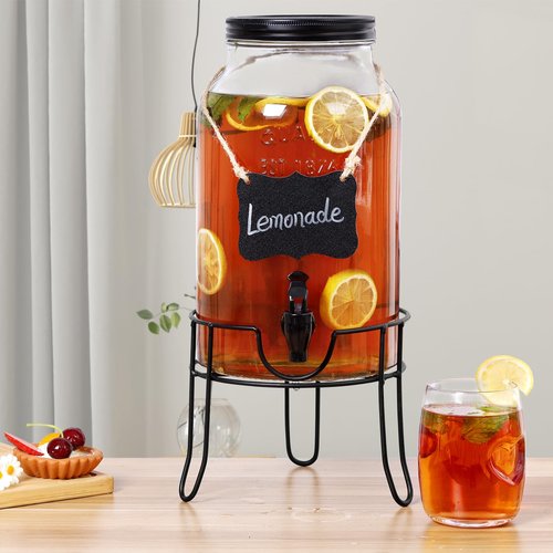 1.5 Gallon Glass Drink Dispensers for Parties, Ice Beverage Dispensers with Stand, Glass Water Dispenser with Spigot, Laundry Detergent Dispenser, Lemonade Dispenser
