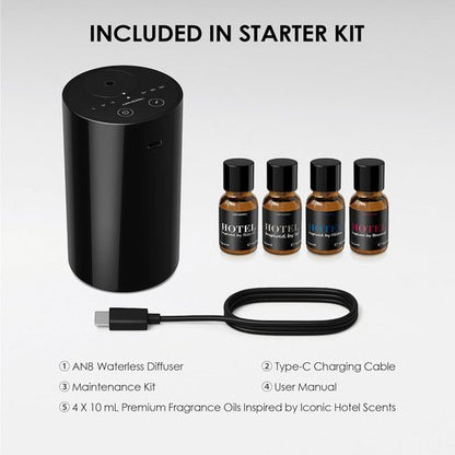 Airversa Waterless Essential Oil Diffuser Kit - Portable Battery Operated Mini Scent Machine with 4 x 10mL Hotel Fragrance Oils | AN8 Black