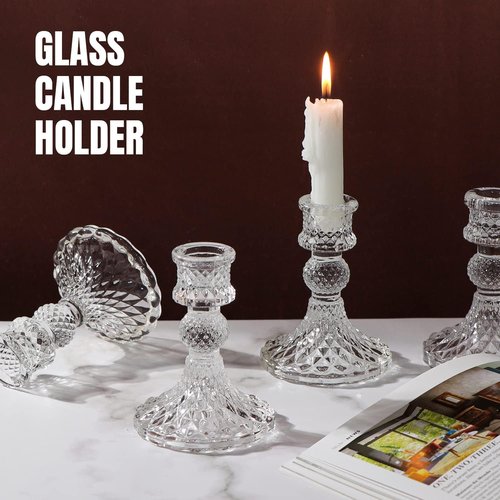 DARJEN Clear Glass Candlestick Holders Set - 12 Pcs 4" Taper Candle Holders for Weddings & Parties