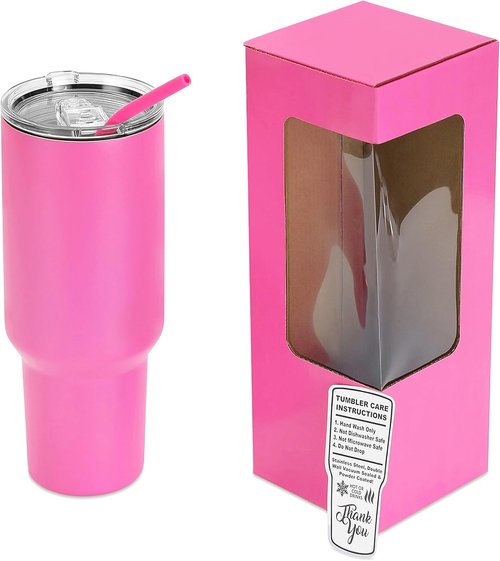 Makerflo 40 oz Pink Powder Coated Tumbler - Pack of 25 with Upgrade Handle & Leak-Proof Lid for Crafting
