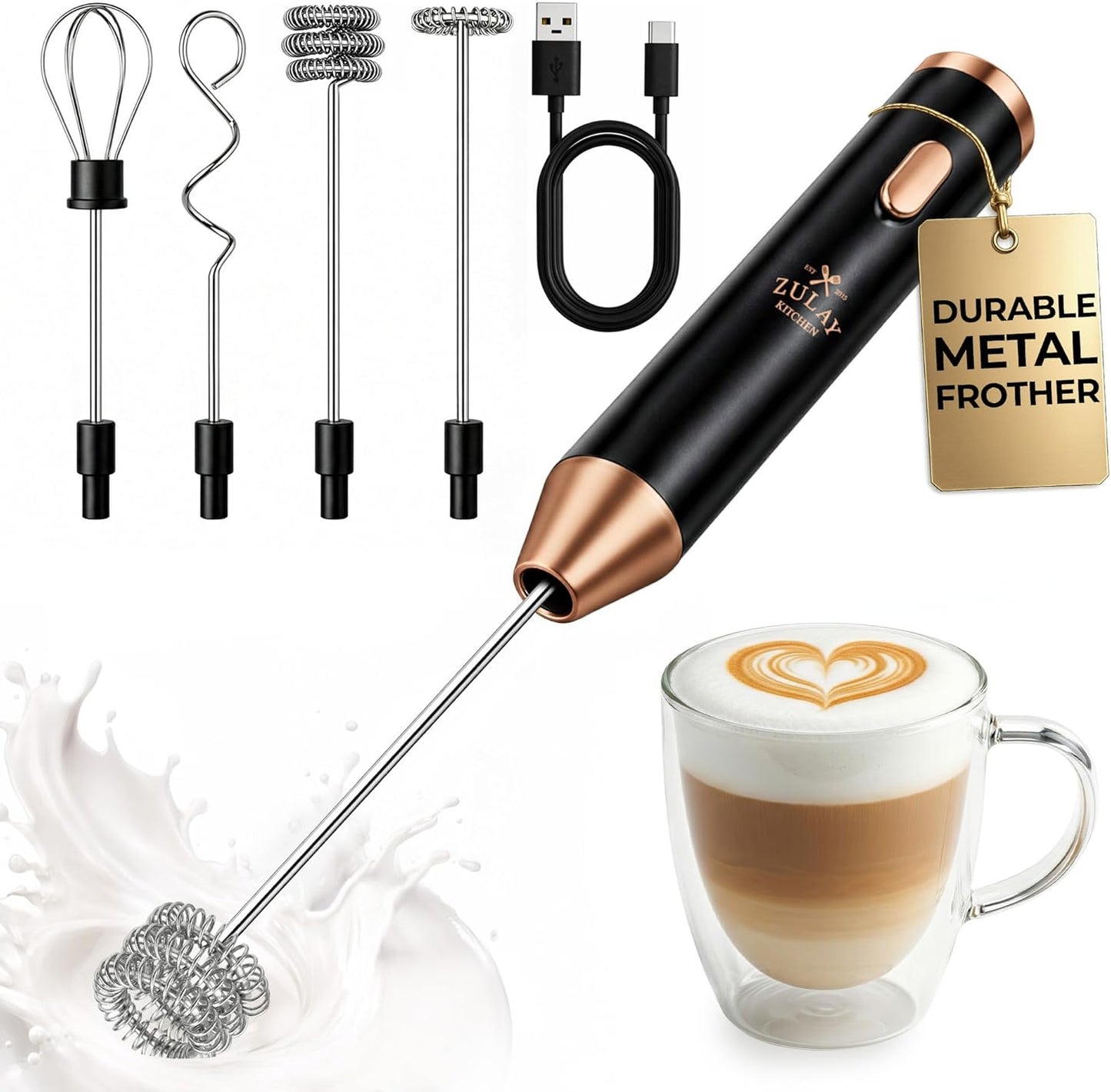 Zulay Kitchen Rechargeable Milk Frother - 3 Whisk Attachments, USB-C Charging, Lasts 6 Months