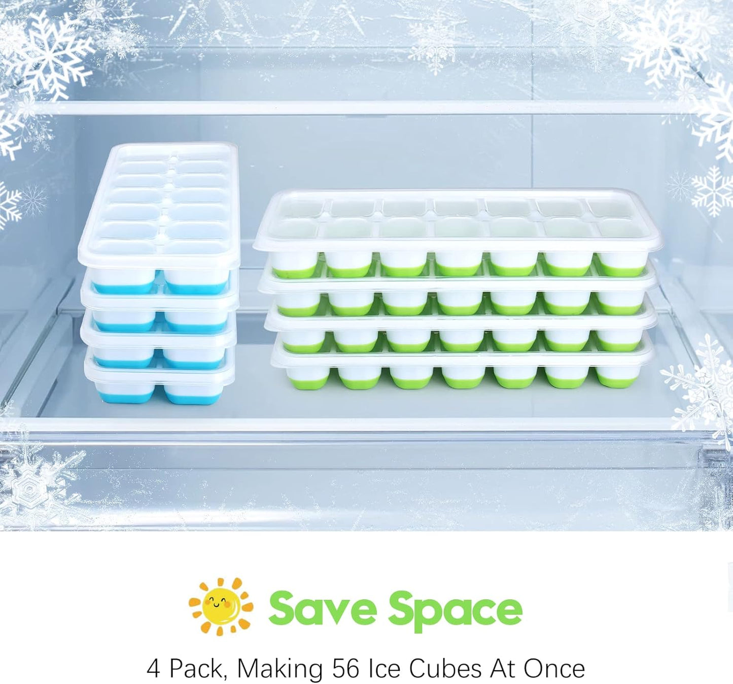 Skiennix Silicone Ice Cube Tray - 8 Pack Easy-Release & Flexible Design | Stackable with Spill-Resistant Lid (4 Blue + 4 Green)