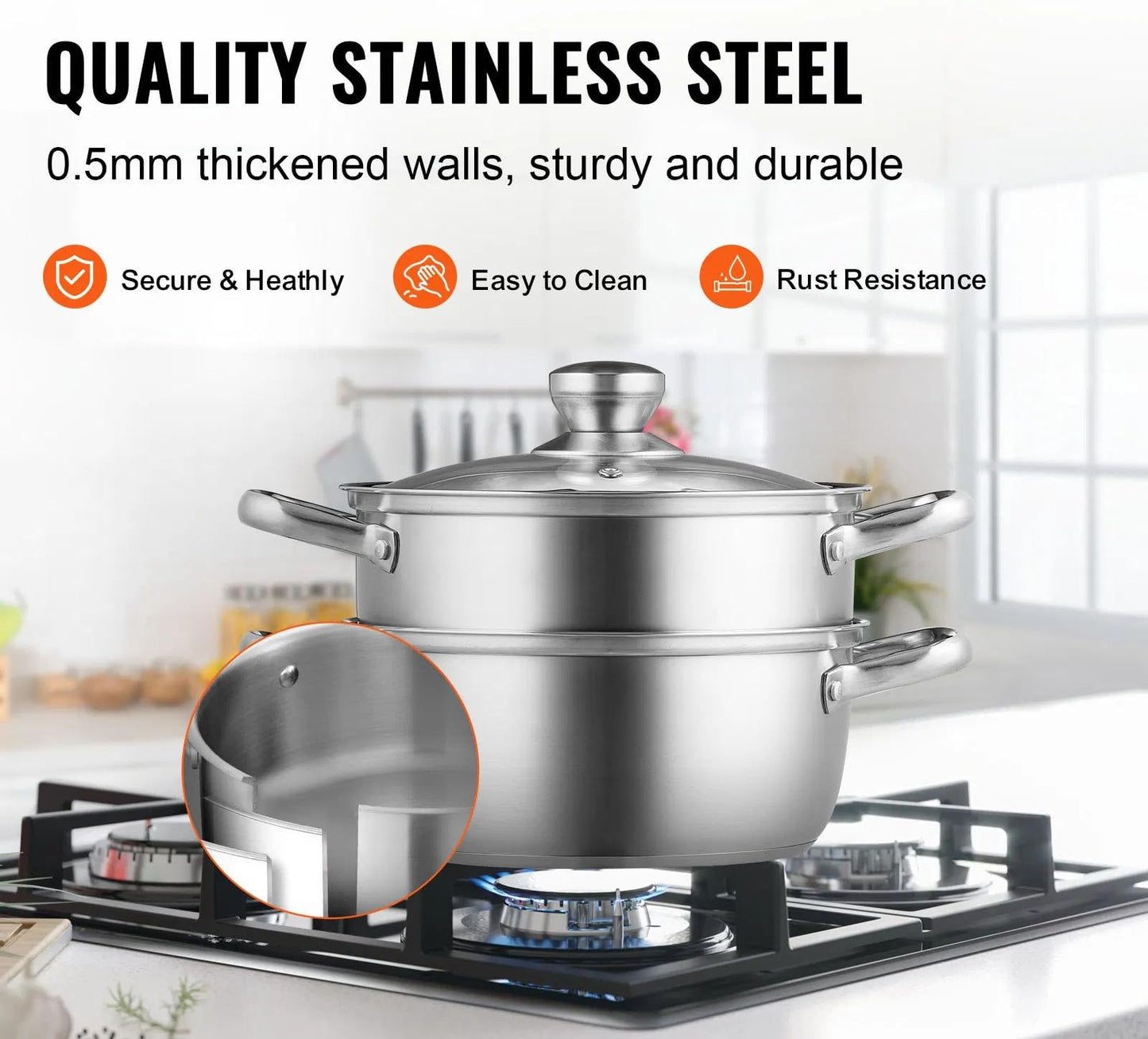 Steamer Pot, 8.66 in/22 cm Steamer Pot for Cooking with 3QT Stock Pot and Vegetable Steamer, Large Capacity Stainless Steel Food Steamer Cookware with Lid for Gas Electric Induction Grill Stove