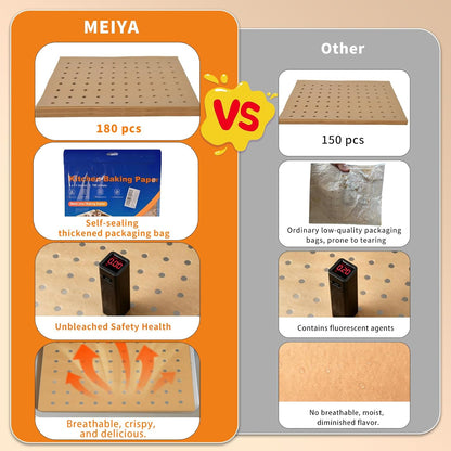 MEIYA Disposable Air Fryer Liners - 180 Pcs Non-Stick Parchment Paper Sheets | 9x11 Inch Unbleached Oven Liners