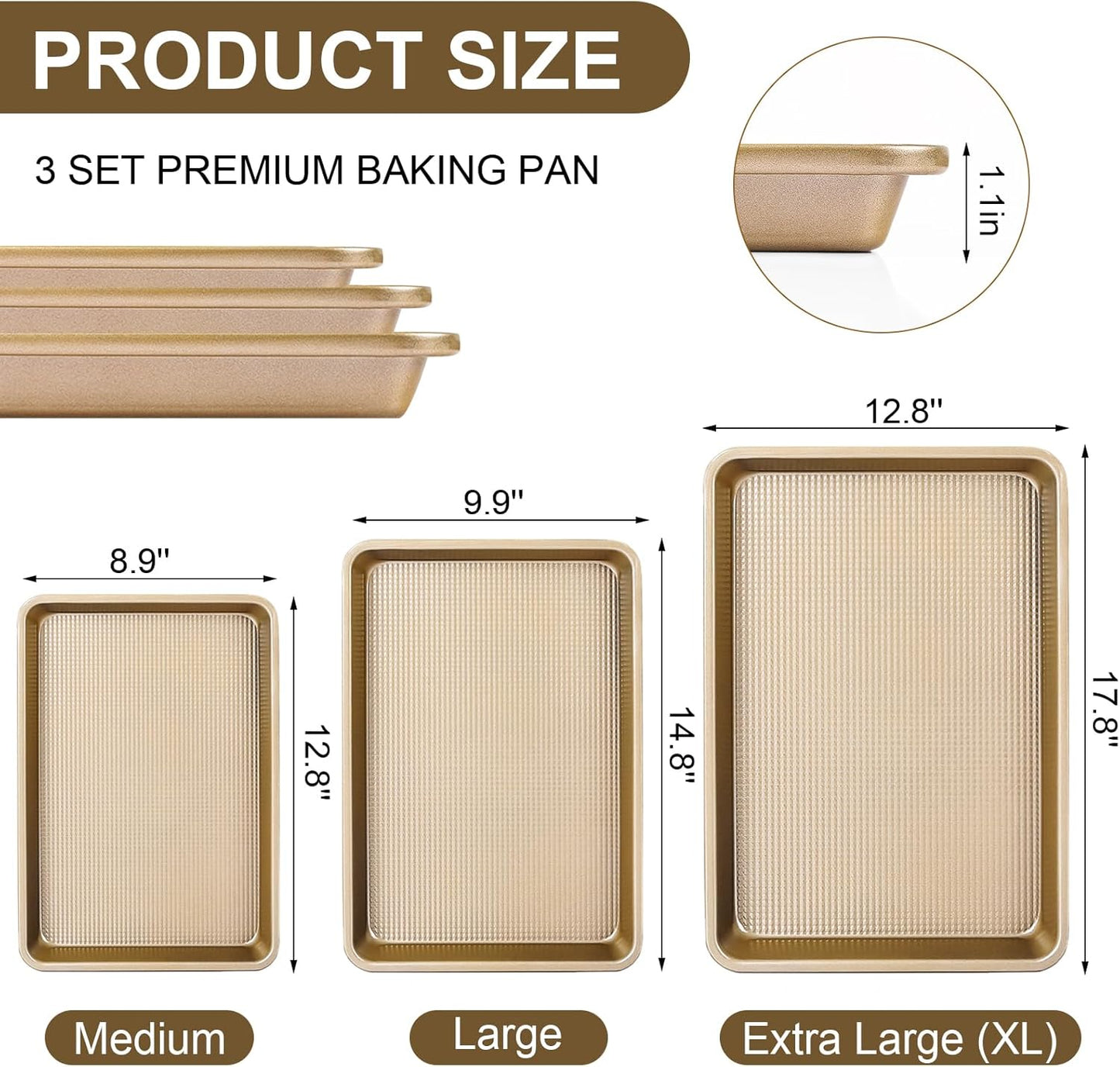 Skiennix Baking Sheet Pan Set of 3 - Nonstick Cookie Sheets | Heavy-Duty Carbon Steel | Rust-Free & Toxic-Free