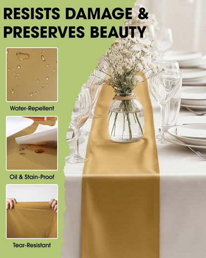 Pureegg Gold Plastic Table Runners - Water Resistant & Disposable | 10 Pack, 14'' x 108'' for Weddings, Parties & Home Decor