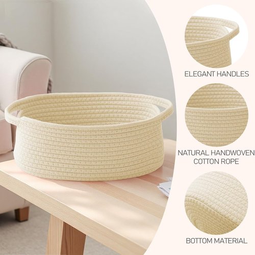 JMvicyroam Woven Basket - Small Rope Storage Bin with Handles for Organizing Shelves & Closets | Beige Gift Basket for Toys & Books