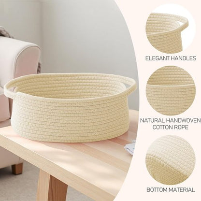JMvicyroam Woven Basket - Small Rope Storage Bin with Handles for Organizing Shelves & Closets | Beige Gift Basket for Toys & Books