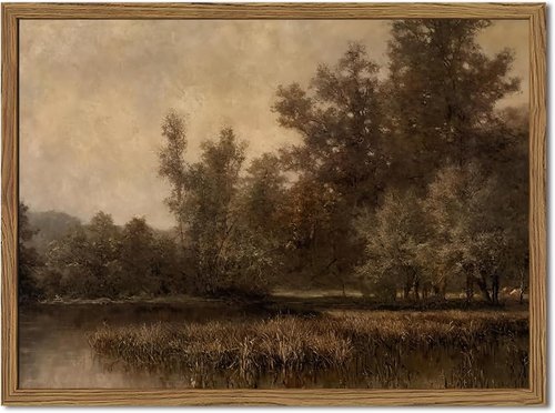 Framed Vintage Landscape Canvas Wall Art - Rustic Forest Lake Decor for Living Room | 12x16 Inch