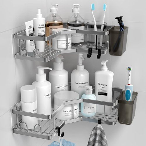 AKTECKE Corner Shower Caddy - 2 Pack Adhesive Bathroom Organizer with No-Drill Stainless Steel Rack & Hooks