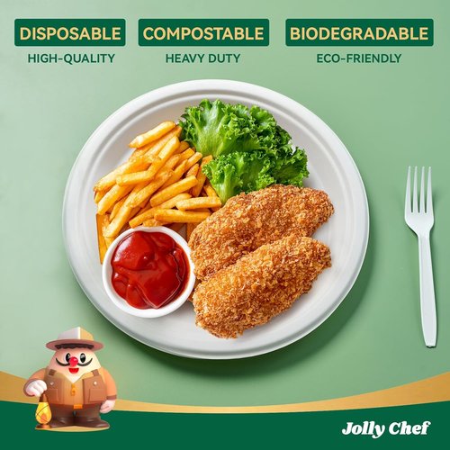 JOLLY CHEF Compostable Heavy Duty Plates - Eco-Friendly 10-Inch White Paper Plates | 125-Pack Made from Biodegradable Sugarcane Fibers