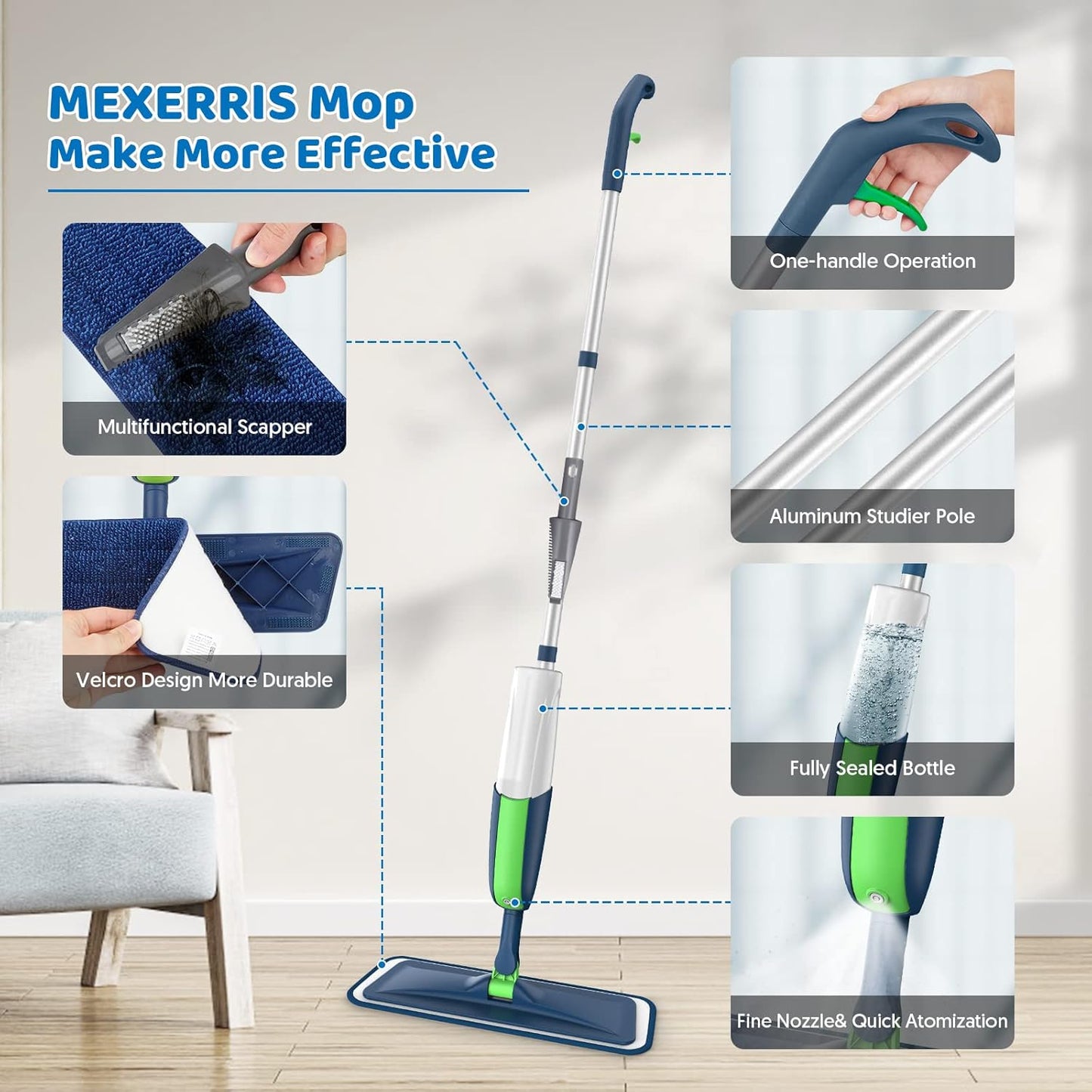 MEXERRIS Floor Mop - Spray Wet Mop for Hardwood Cleaning with 5 Washable Pads & 2 Refillable Bottles | Ideal for Home & Commercial Use