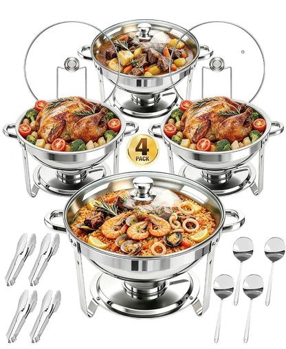 4 Pack 5Qt Round Stainless Steel Chafing Dishes Buffet Warmer Set - Food Warmers for Parties, Home & Catering