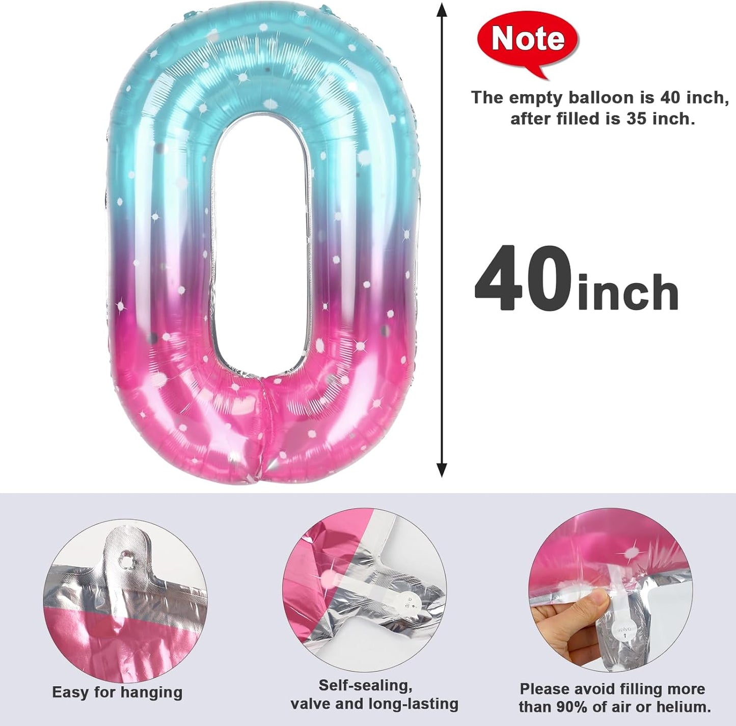 Number 0 Balloons - 40 Inch Pink, Purple & Blue Birthday Decorations for All Milestone Events