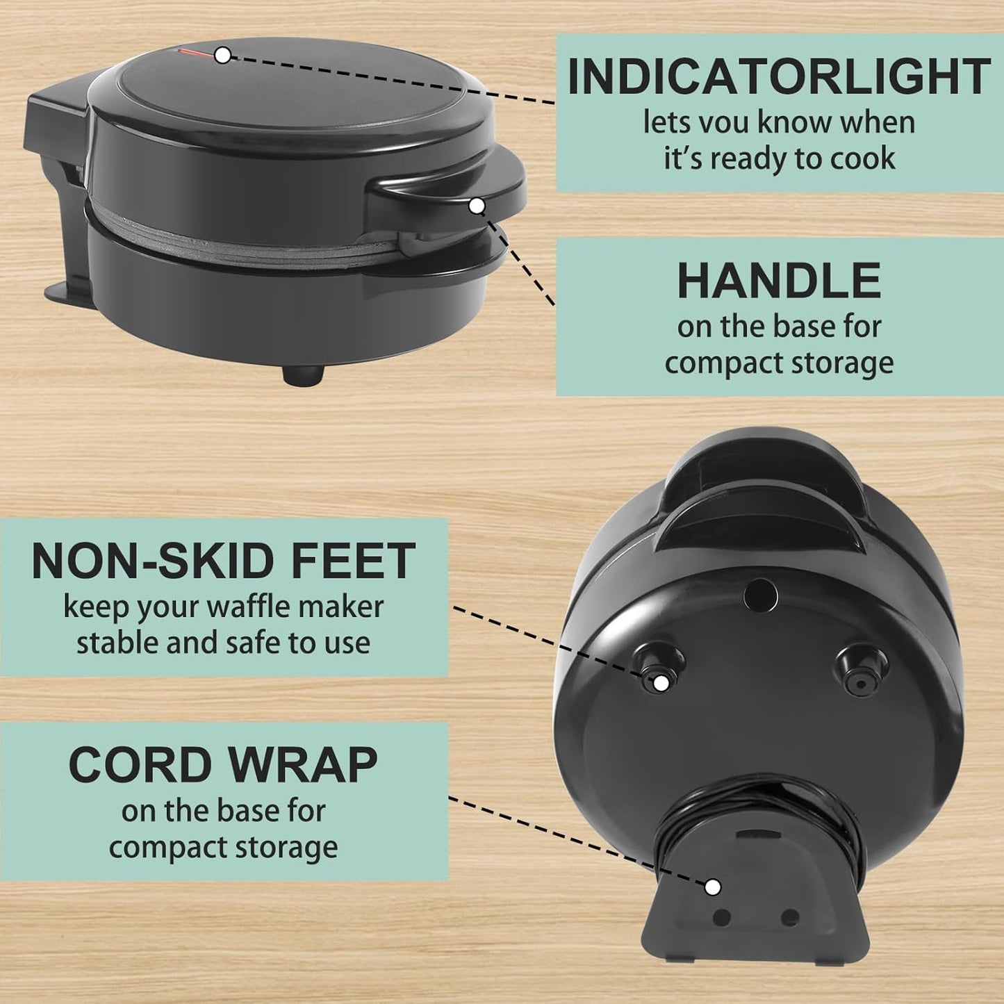 Skiennix Mini Waffle Maker - Non-Stick Breakfast Belgian Waffles | Portable 5-Inch Iron, Easy to Clean, Black