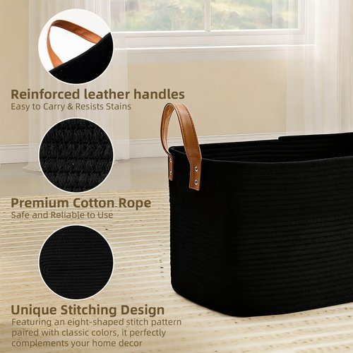 BOLDMONKEY 72L Laundry Basket with Leather Handles,Woven Cotton Rope Blanket Basket,Toy Bin for Baby Room,Laundry Hampers for Bedroom, Living Room,Bathroom,22"x17"x11.8" Black