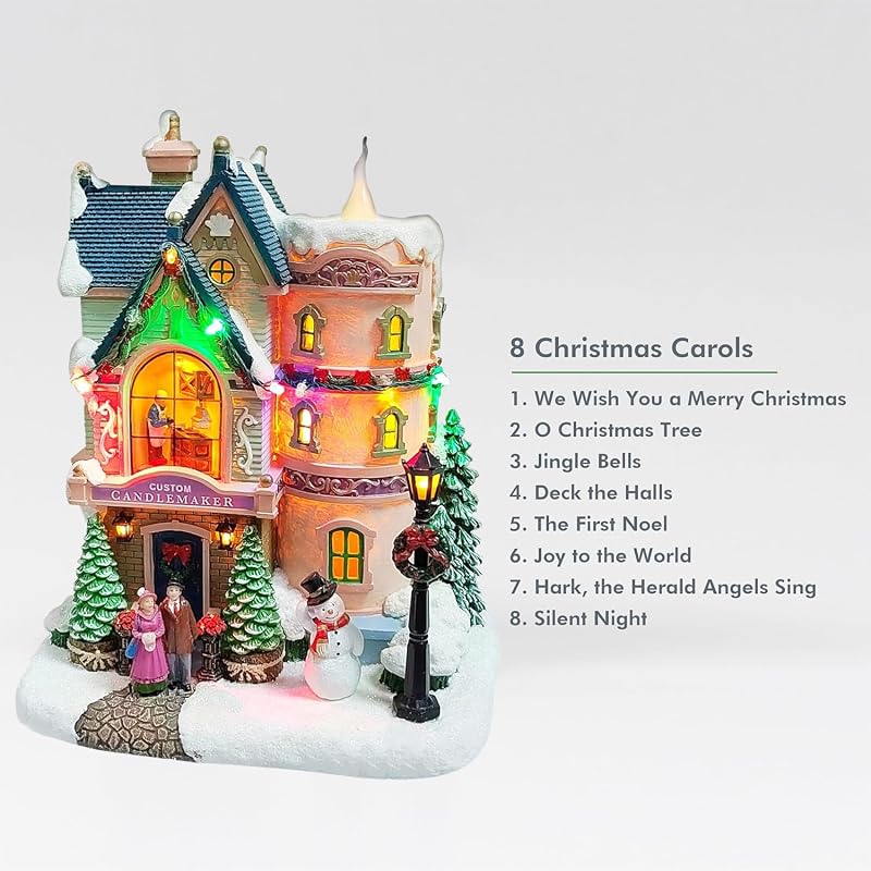 Vintage Candlemaker Christmas Village House with LED Lights & 8 Carols - Hand Painted Polyresin