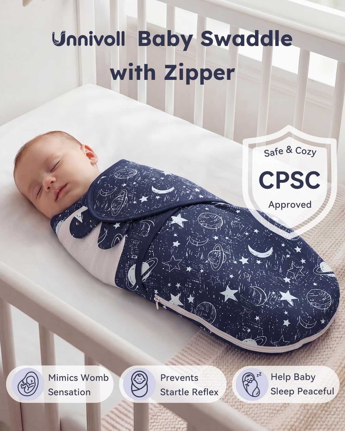 Unnivoll Baby Swaddles - 100% Cotton Newborn Sleep Sack with Zipper | 3-Pack for 0-3 Months - Blue Planet