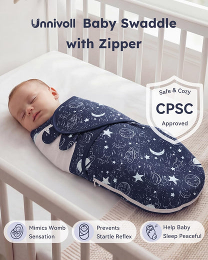 Unnivoll Baby Swaddles - 100% Cotton Newborn Sleep Sack with Zipper | 3-Pack for 0-3 Months - Blue Planet
