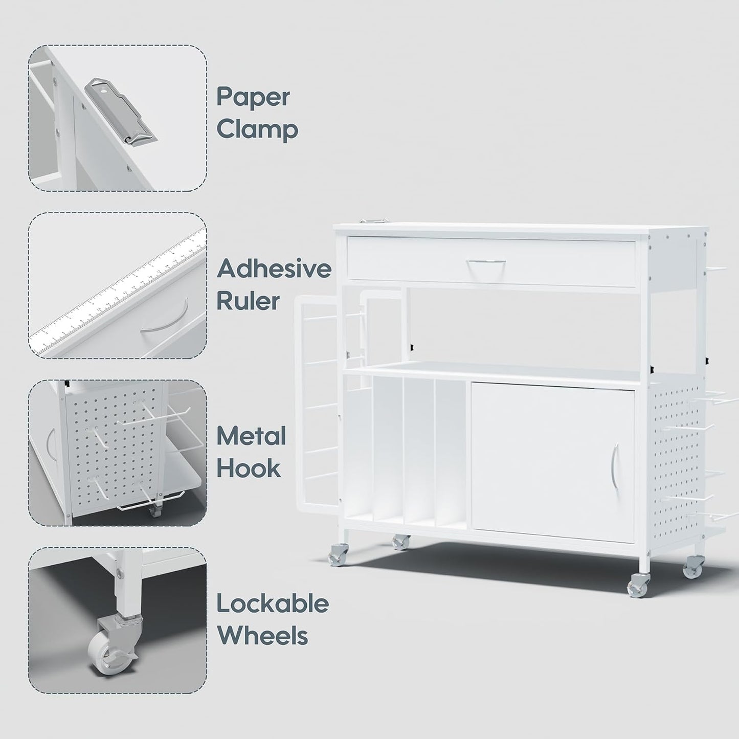 Skiennix Height-Adjustable Gift Wrapping Station - Rolling Cart with Paper Clamp & Storage | White
