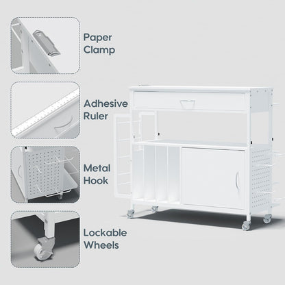 Skiennix Height-Adjustable Gift Wrapping Station - Rolling Cart with Paper Clamp & Storage | White