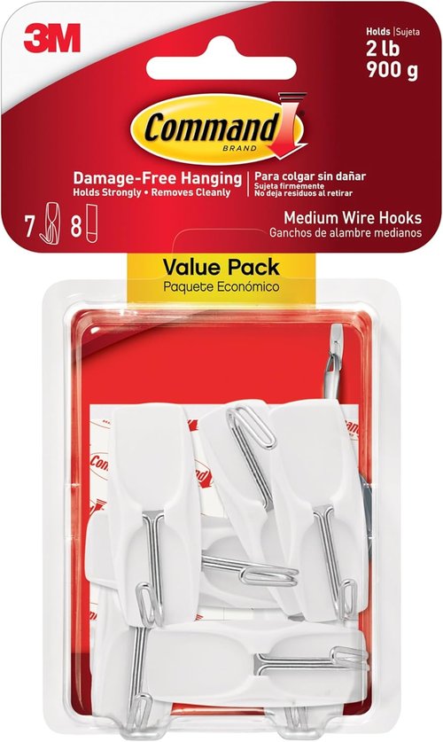Command Medium Wire Toggle Hooks - Damage-Free Wall Hooks with Adhesive Strips | Holds Up to 2 lb, 7 Hooks Included