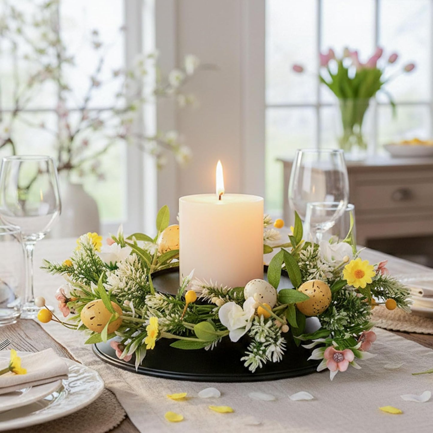 MOYEE Candle Holder Centerpiece - Black Metal Design with Artificial Flowers | 14-Inch Versatile Table Decor
