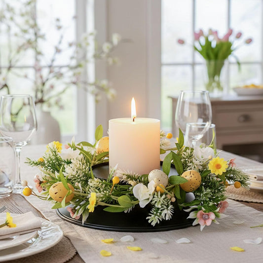 MOYEE Candle Holder Centerpiece - Black Metal Design with Artificial Flowers | 14-Inch Versatile Table Decor